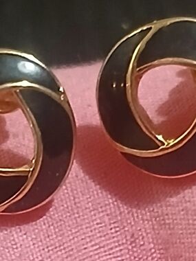 Trifari Black and Gold Circular Hoop-Style Earrings